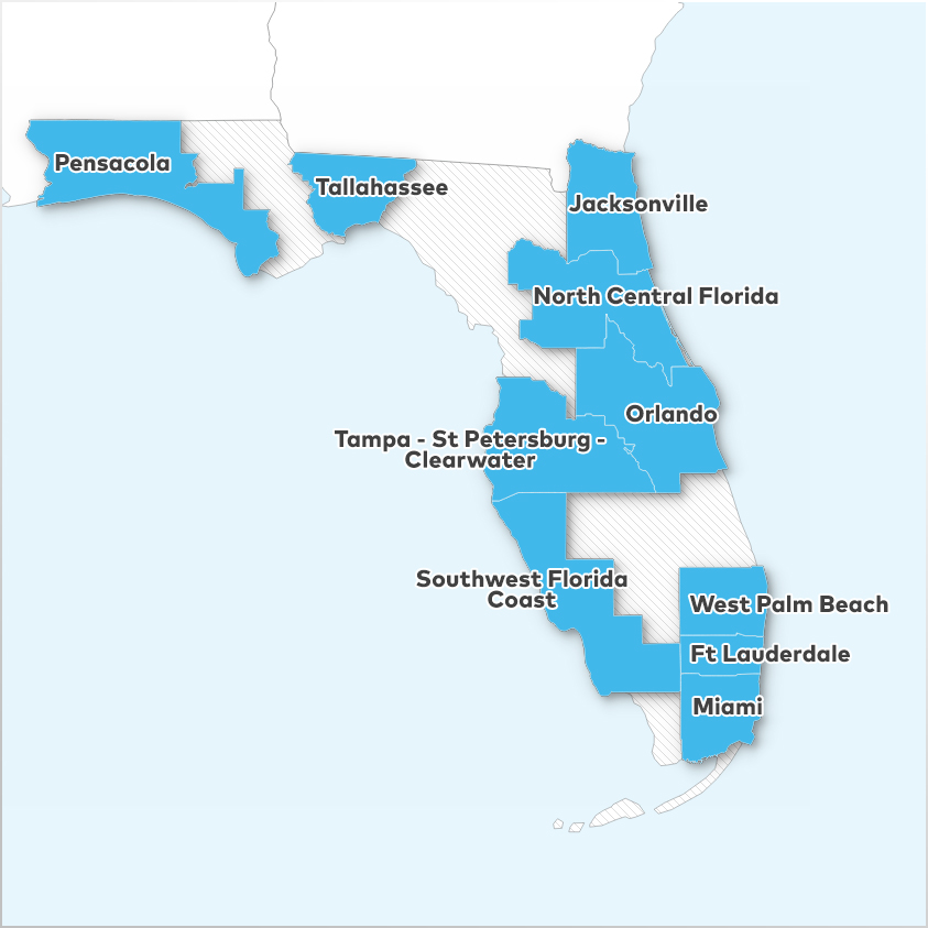 Fort Lauderdale, Jacksonville, Miami, North Central Florida, Orlando, Pensacola, Southwest Florida Coast, Tallahassee, Tampa - St Petersburg - Clearwater,  and West Palm Beach - Boca Raton 